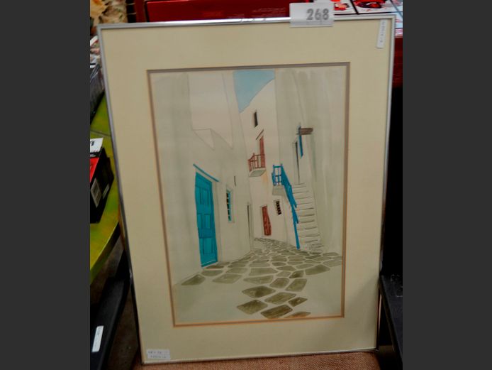 FRAMED WATERCOLOUR "GREEK STREET SCENE", 48 x 32cm