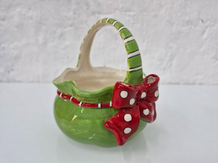 Ceramic Candy Basket Green Sack with Red Polka Dot Bow