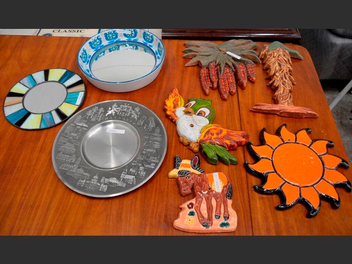 POTTERY WALL ART, PEWTER PLATE, SMALL MIRROR, etc