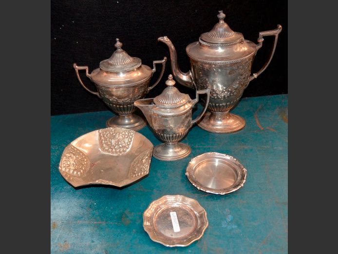 SILVER PLATE: TEAPOT, COFFEE POT, COASTERS, etc