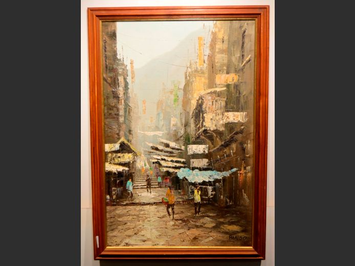 FRAMED OIL ON BOARD "STREET SCENE" SIGNED BINGO, 56.7 x 87cm