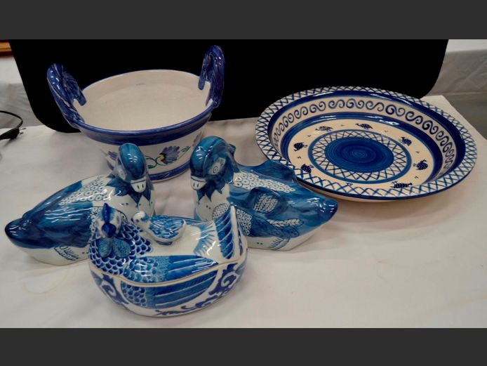 POLY NATION BLUE & WHITE LARGE BOWL, HAND PAINTED CERAMIC BASKET, etc