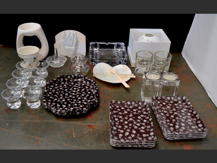 CERAMIC CANDLE HOLDERS, SNACK DISHES, PORCELAIN LAMP SHADE, etc