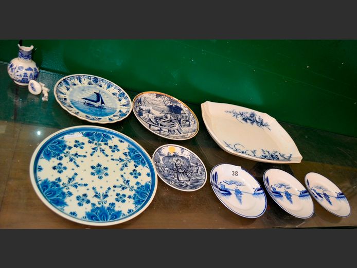 LARGE BLUE & WHITE PLATTER, DELFT COLLECTABLE PLATES, CAKE PLATE, etc