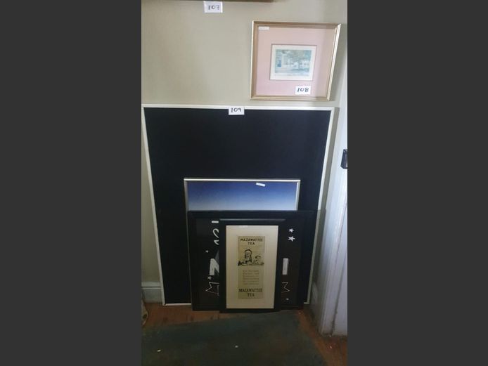 LOT: BLACK PINBOARD, FRAMED PRINT, etc