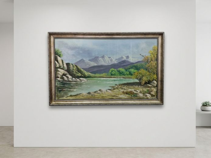 Benjamin Jacobus Davis ("Jacobi") (SA, 1933–2008), Mountain Lake Landscape, Oil on Canvas