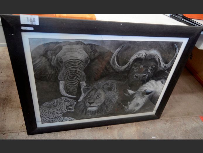 FRAMED PENCIL SKETCH "BIG 5" BY LOUISA BLOKKAR, 85 x 60cm [Glass damaged]