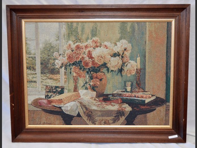 FRAMED TAPESTRY PRINT ON CLOTH, 72.5 x 53cm