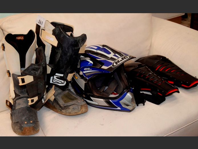 PAIR MOTORBIKE BOOTS, HELMET, etc