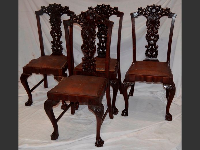 SET OF 4 ORNATELY CARVED IMBUIA BALL & CLAW DINING CHAIRS [Seats need recovering]