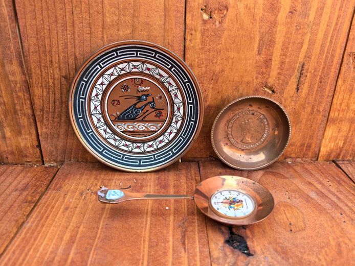 3pc Copper & Brass Lot: Greek Plate, SA Token Dish, Mini Ladle Thermometer