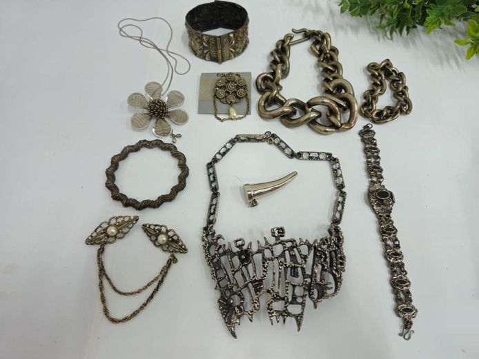 Costume Jewelry Lot - Brutalist Bib Necklace, Chunky Chain, Brooches, Cuff