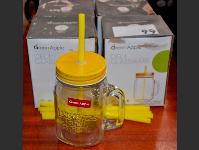SET OF 6 GREEN APPLE GLASS JARS WITH STRAWS