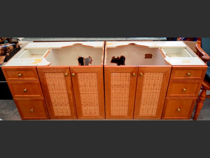CHERRYWOOD & RATTAN FRONT 4-DOOR, 6-DRAWER CABINET, 187 x 58 x 68cm [No top]