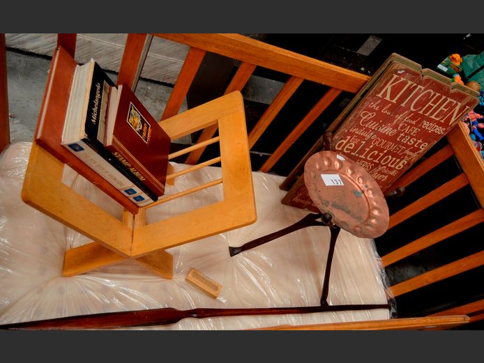 BEECHWOOD MAGAZINE STAND, WOOD & COPPER SIDE TABLE, STAMP ALBUMS, etc