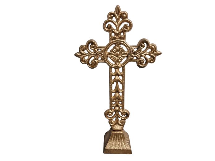 Ornate Gold-Painted Cast Iron Standing Crucifix Cross