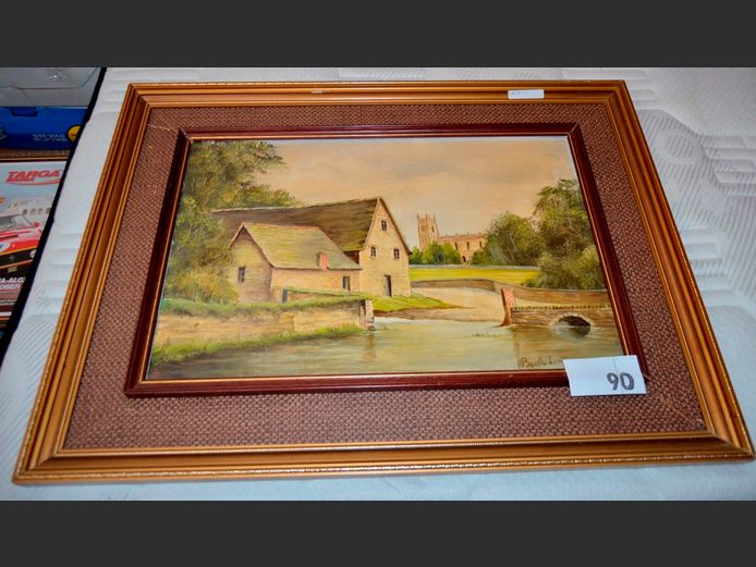 GILT FRAMED OIL ON BOARD "HOUSES" BY H. BEETLESTONE, 45.6cm x 29cm