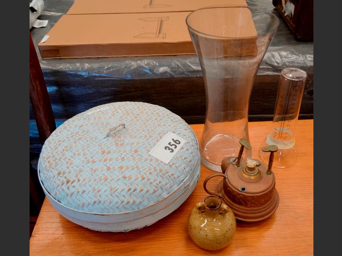 BAMBOO BASKET WITH LID, BRASS OIL LAMP, GLASS VASE, etc
