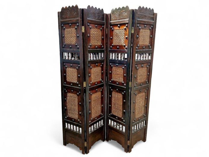 Vintage Burmese 4-Fold Screen Divider with Rattan Caning