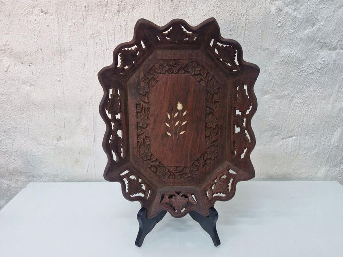 Anglo-Indian Carved Wood Serving Tray Platter with Bone Inlay