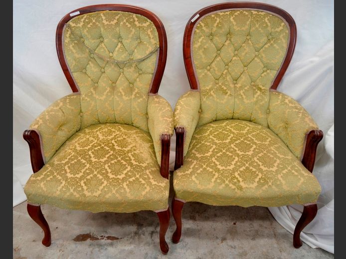 PAIR QUEEN ANNE IMBUIA & UPHOLSTERED ARMCHAIRS [Stitching loose]