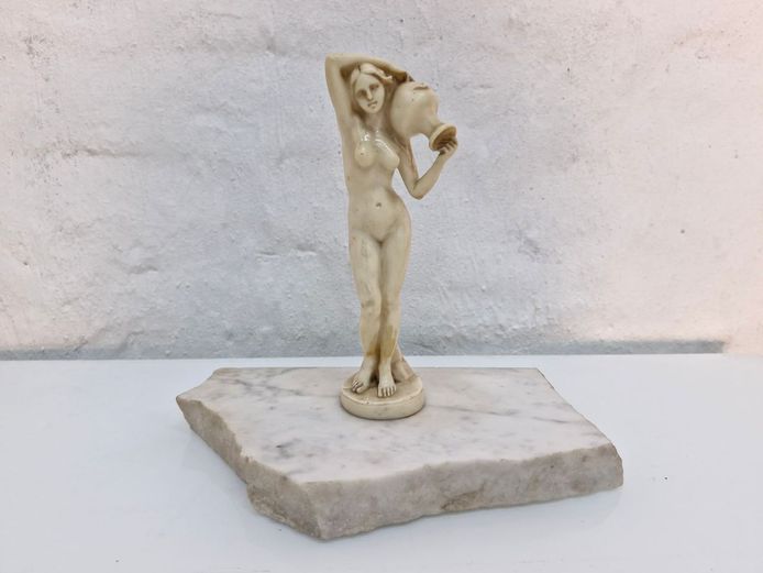 Vintage Resin Nude Female Figurine with Jug on Marble Base