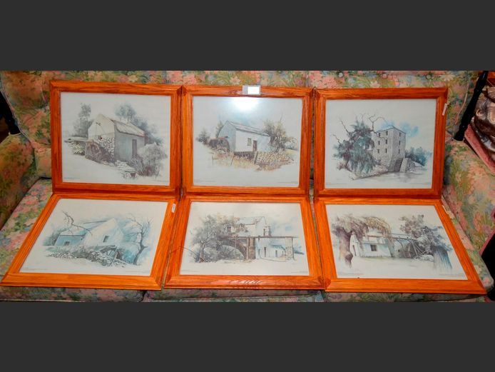 SET OF 6 OAK FRAMED PRINTS "WATERMILLS OF WESTERN CAPE" BY TED HOEFSLOOT, 42 x 35cm
