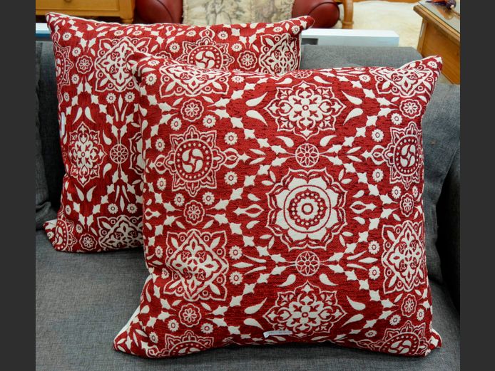 PAIR RED & WHITE SCATTER CUSHIONS, 55 x 55cm