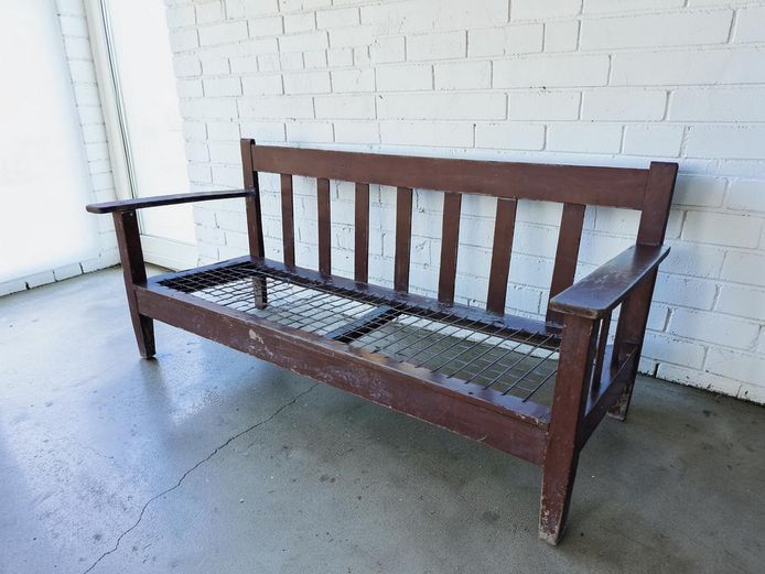 Vintage Slatted Back Three-Seater Bench with Woven Cord Seat