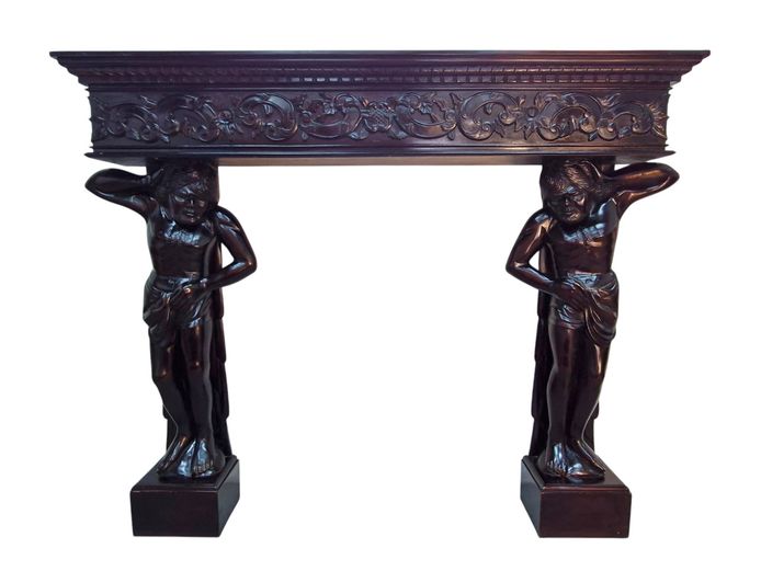 Monumental Neo-Renaissance Carved Dark Wood Fire Surround with Atlantes Supports