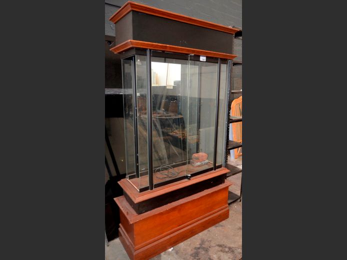 OAK & GLASS 2 DOOR DISPLAY CABINET- 115 x 45 x 210cm [2x glass side panels needed, shelves needed, doors open, no keys]