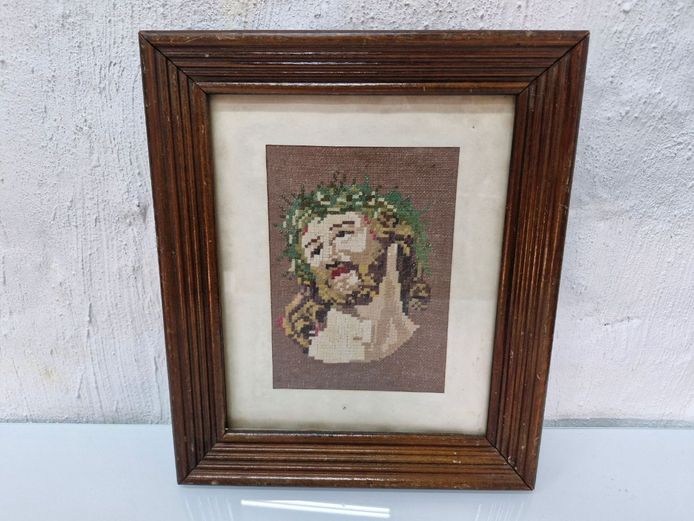 Framed Vintage Ecclesiastical Needlepoint Tapestry Depicting Christ with Crown of Thorns
