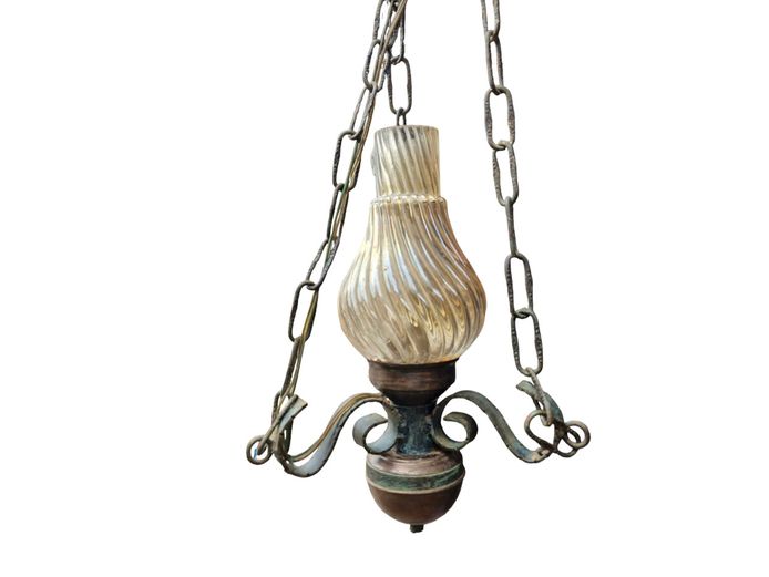 Vintage Hanging Oil Lamp with Swirl-Patterned Glass Shade