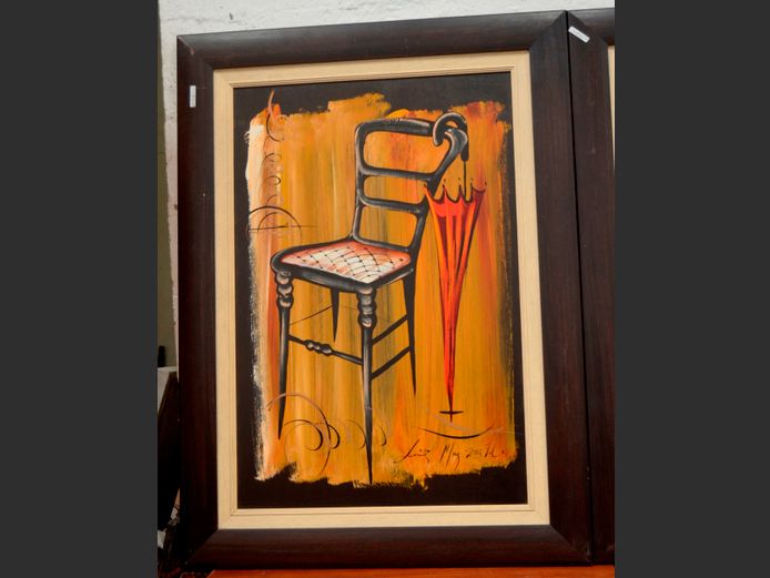 DARKWOOD FRAMED OIL ON BOARD "CHAIR", 89 x 59cm