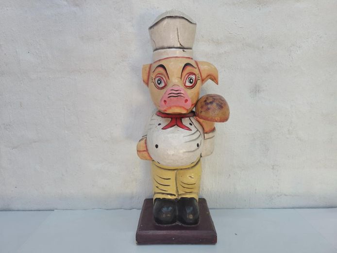 Hand-Carved Folk Art Chef Pig Wooden Sculpture
