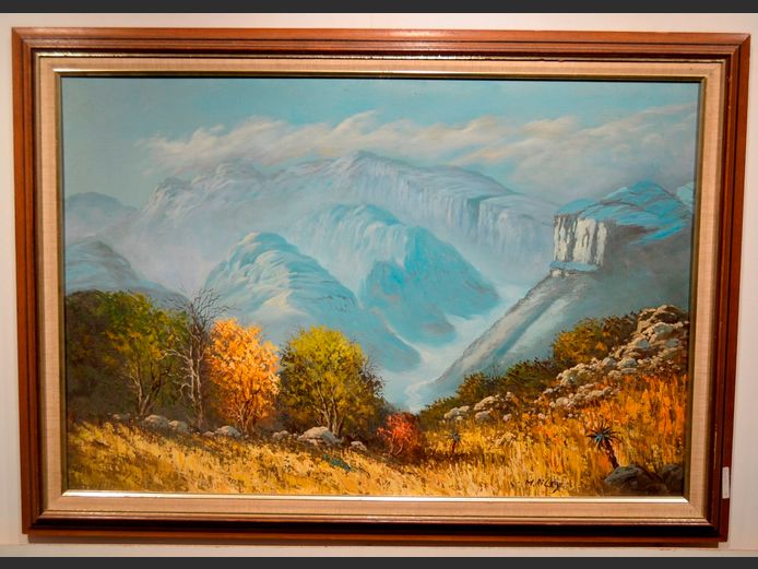 FRAMED OIL ON BOARD "MOUNTAIN LANDSCAPE", SIGNED M. RILEY, 58 x 88cm