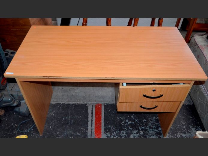 OAK FOIL 2-DRAWER DESK, 120 x 60 x 74cm [Drawers need keys, edging needed in places]