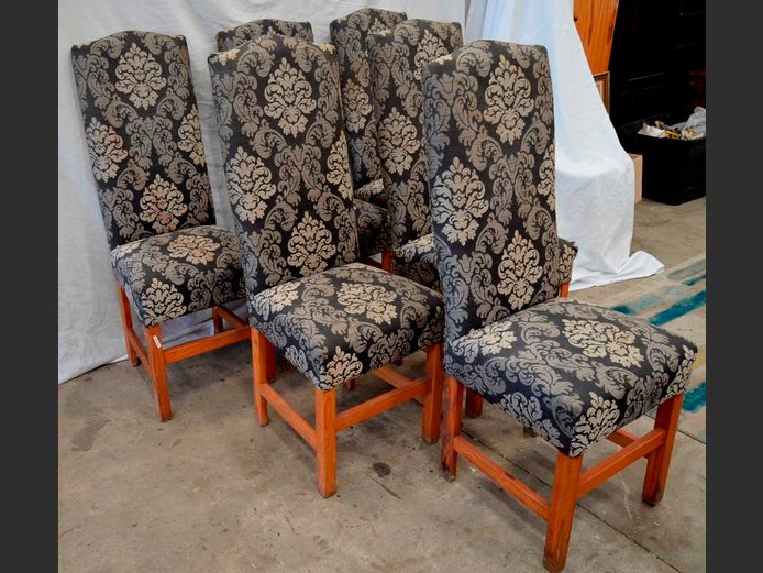 SET OF 4 GREY UPHOLSTERED HIGH BACK DINING CHAIRS [Upholstery worn]