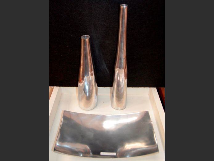 BRUSHED ALUMINIUM: PLATTER, 31 x 17cm, & 2 x VASES, 41cm & 31cm High