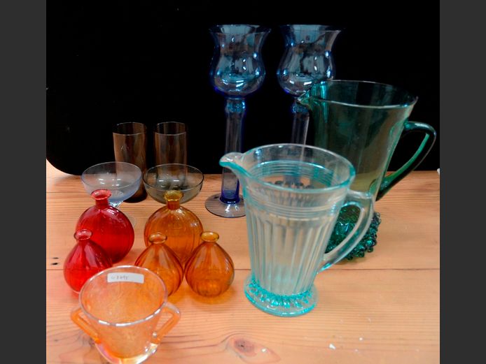 COLOURED GLASS PITCHER, VASES, etc