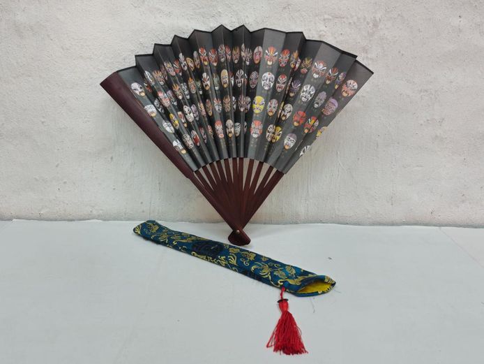 Traditional Chinese Peking Opera Mask Folding Hand Fan with Silk Pouch
