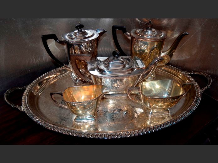 SILVER PLATE: TWIN HANDLED TRAY, 65 x 41cm, TEAPOT, COFFEE POT, CREAMER & SUGAR BASIN