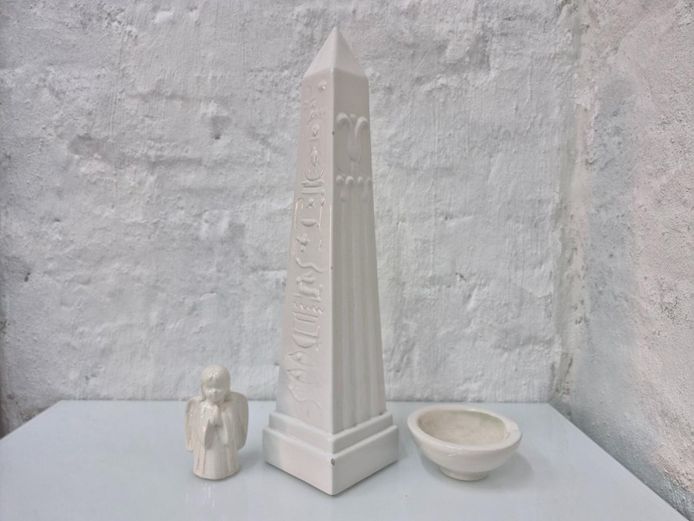 Ceramic Decor Lot: Egyptian Style Hieroglyphic Obelisk, Angel & Dish
