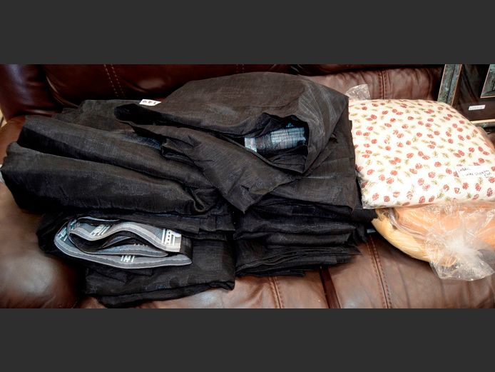 BLACK ORGANZA CURTAINS, WINTER SHEET & HESSIAN OFF-CUTS