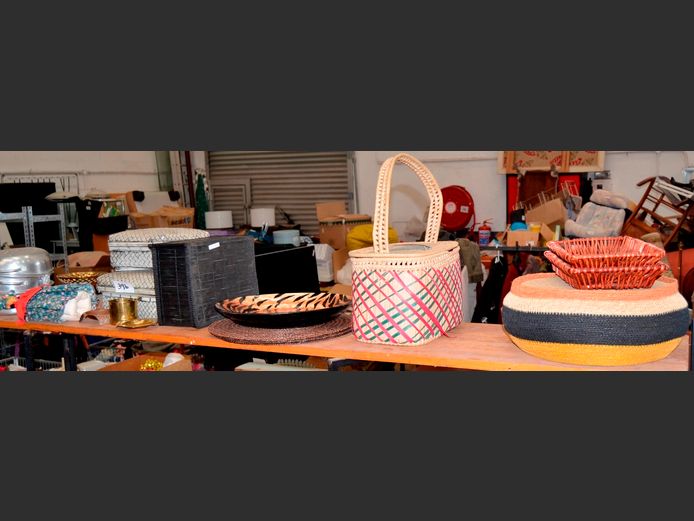 WOVEN STORAGE BASKETS, HAND PAINTED CIRCULAR PLATTER, BRASSWARE, etc