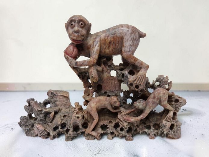 Vintage Hand-Carved Soapstone Monkey Group Figurine