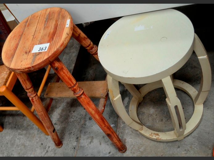 PINE STOOL & WHITE CIRCULAR SIDE TABLE [Need some TLC]