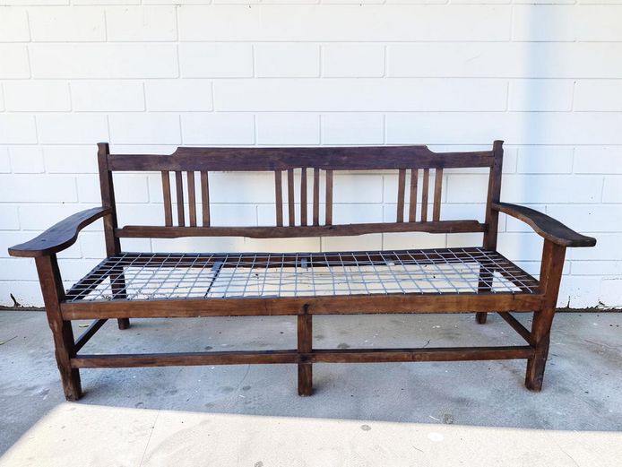 Antique Mission-Style Teak Bench with Woven Cord Seat