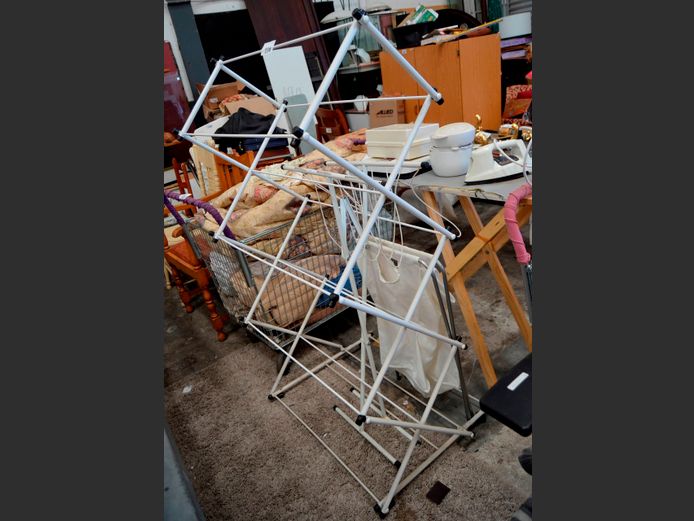 METAL CLOTHES HORSES, IRONING BOARD & AN IRON [Switches on, untested further]