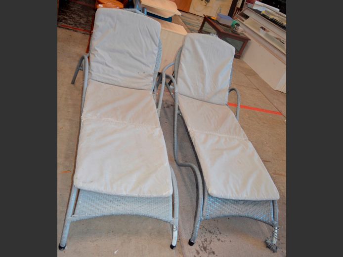 PAIR ALL WEATHER WICKER SUN LOUNGERS [Fabric damaged, wicker loose in places], 220 x 80cm